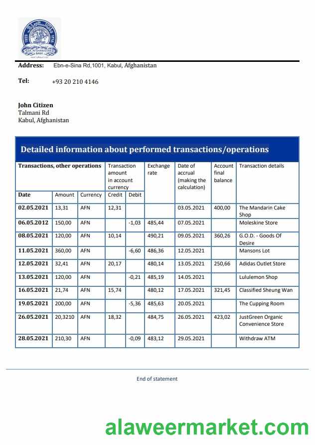 Afghanistan Da Afghanistan Bank Statement